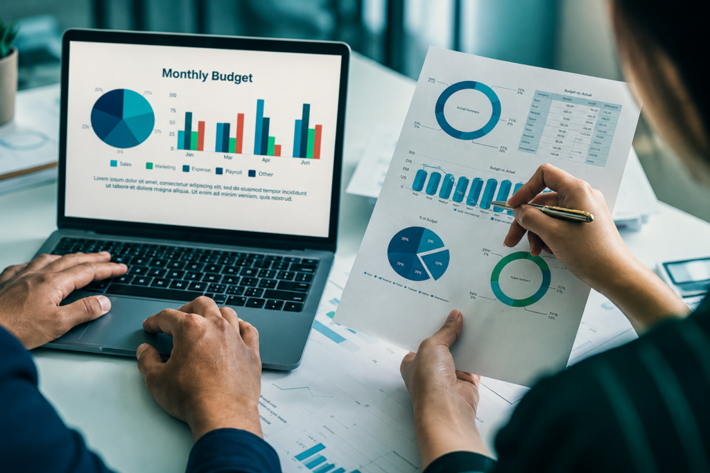 Foto que mostra um Planejamento Orçamentário Público com dados e dashboard sendo realizado com com uma equipe