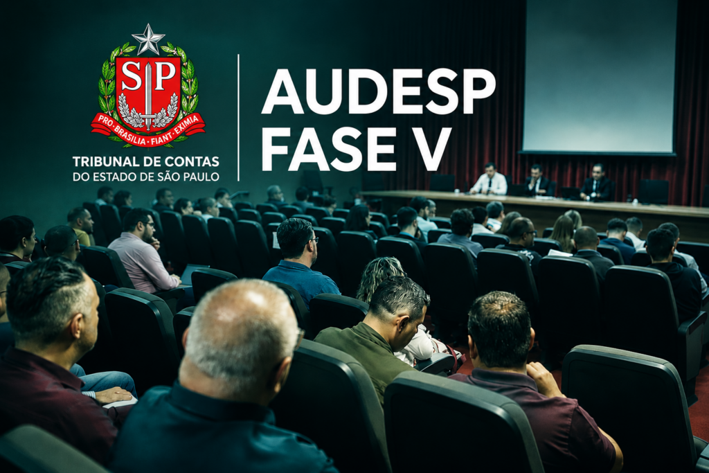 Ilustração de auditório com plateia assistindo a uma sessão sobre a AUDESP Fase V