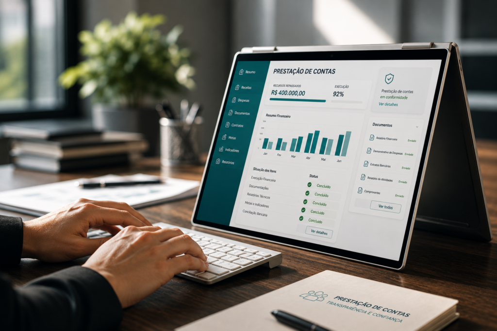 Profissional utilizando um sistema de prestação de contas em laptop, com painel de recursos repassados, execução financeira e documentos enviados