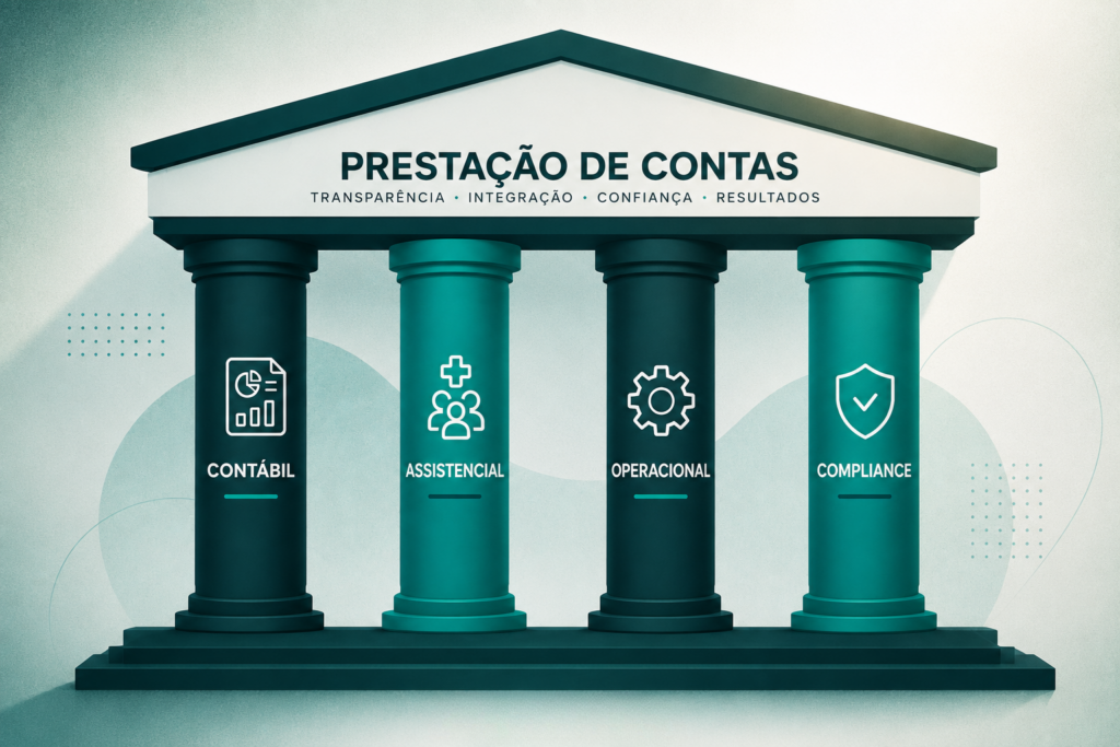 Ilustração de um templo com 4 colunas representando os pilares da prestação de contas na saúde pública: Contábil, Assistencial, Operacional e Compliance