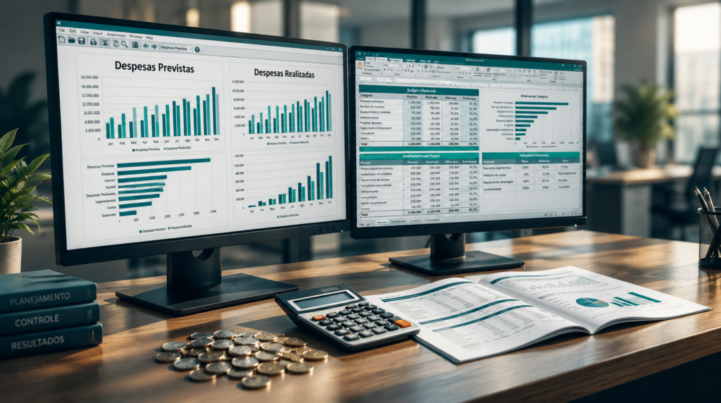 Painel de análise financeira em dois monitores exibindo gráficos comparativos de despesas previstas x realizadas por categoria e projeto