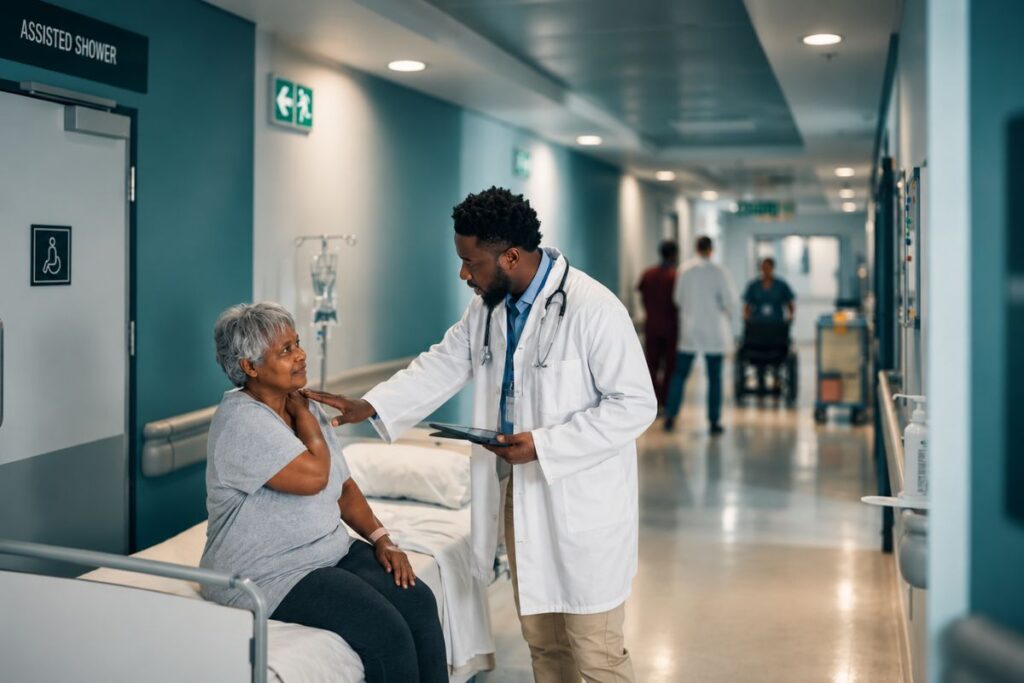 Profissional de saúde em análise de produção assistencial prevista x executada durante atendimento a paciente em corredor de hospital