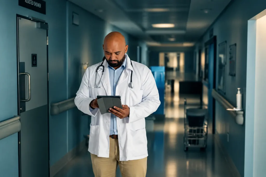 Prestação de contas e controle operacional: médico registra informações em um tablet no corredor de uma unidade de saúde